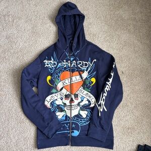 Vintage Ed Hardy "Love Kills Slowly" Zip Up Hoodie Navy Blue Y2K Size Large
